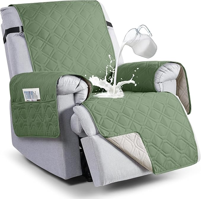 VANSOFY 100% Waterproof Recliner Chair Covers, Recliner Cover Non-Slip Dog Chair Cover Furniture Protector Washable Slipcover with Pocket, Elastic Straps for Pets, Dogs(Bean Green, 28")