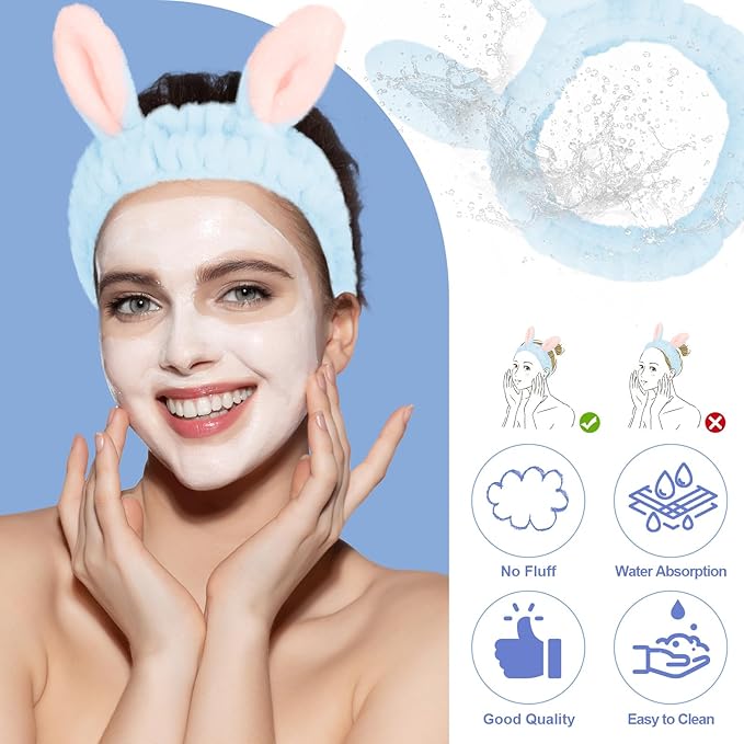 Cute Blue Rabbit Ears Headband Frog Eye Elastic to Wash Face for Women Makeup Shower Spa (1 Pack)