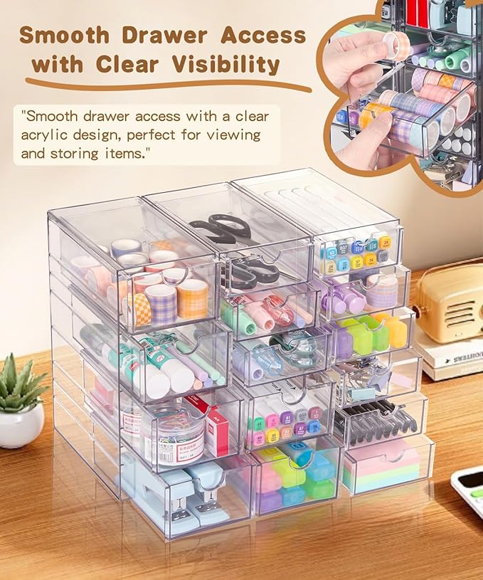 VZKAH Clear Acrylic Organizer with Drawers | 15-Drawer Desktop Unit | Makeup & Desk Organization and Storage Box for Office, Craft, Vanity Table, Bathroom, Home Essentials