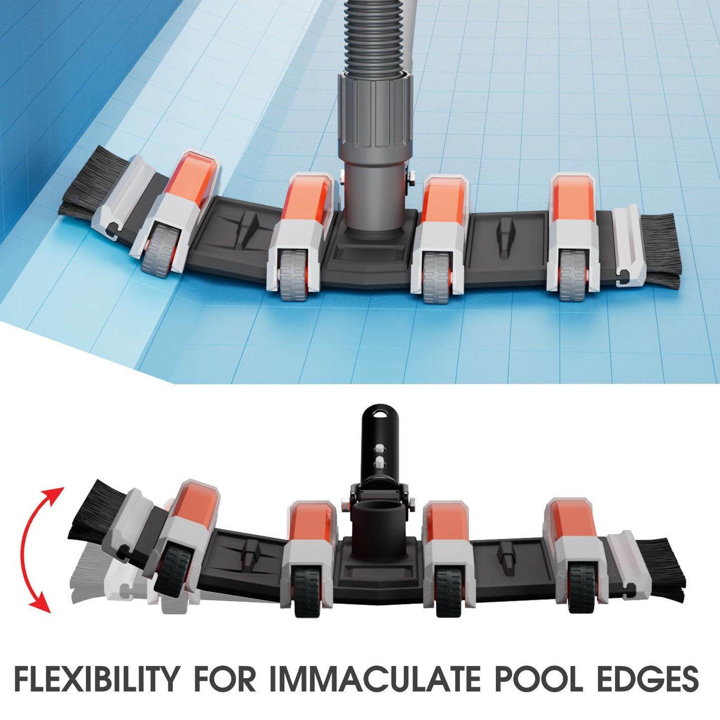 TidyMister Heavy Duty Pool Vacuum Head with Swivel Handle -Extra-Wide Weighted Vac Heads Side Brush & Wheels for Vinyl Liner-Deep Cleaning for Inground & Above Ground Swimming Pool - Orange
