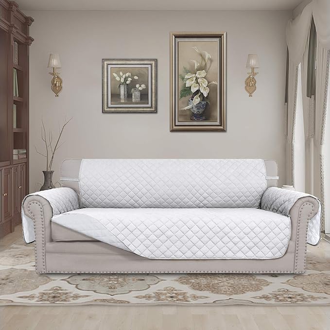 Easy-Going 4 Seater Sofa Slipcover Reversible Sofa Cover Water Resistant Couch Cover with Foam Sticks Elastic Straps Furniture Protector for Pets Children Dog Cat (XX-Large, White/White)
