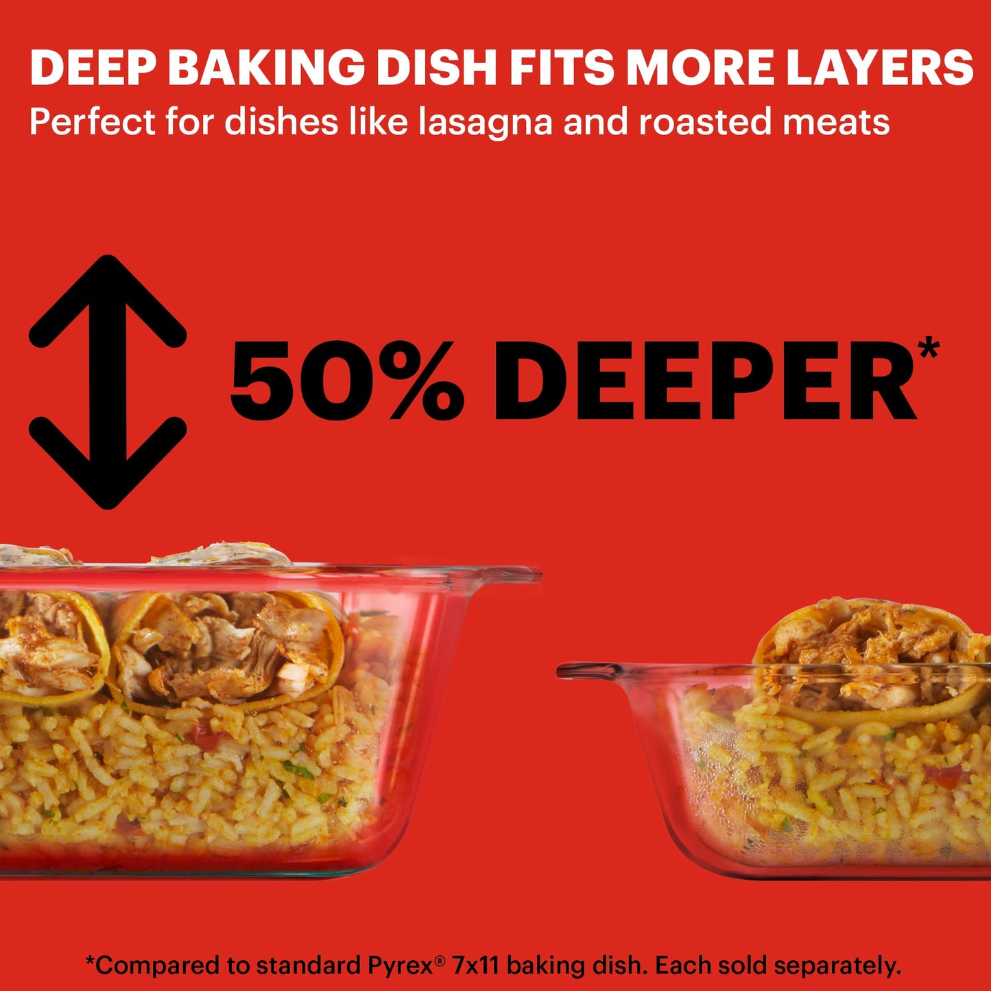 Pyrex Deep Glass Baking Dish with Plastic Lid, Deep Casserole Dish, Glass Food Container, Oven, Freezer and Microwave Safe, Clear Container, 7x11