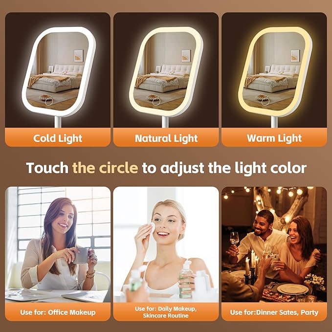 Touch-Sensitive Controls Vanity mirrorr, Makeup Mirror with LED Light, 2400mAh Rechargeable, 270-degree Rotation Adjustment,Beauty Vanity Mirror with Lights， Portable Travel, White, 3 Light Color
