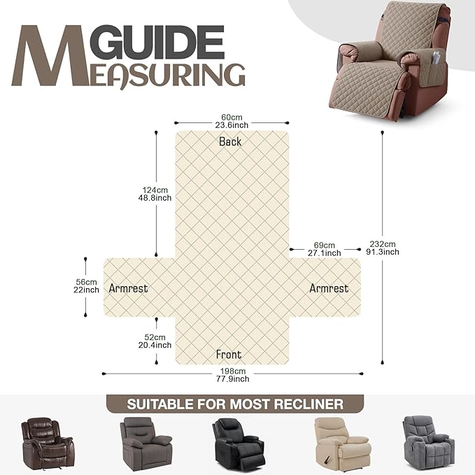 KinCam 100% Waterproof Recliner Chair Cover, Reclining Couch Covers for Pets, Dogs, Recliner Couch Slipcover Furniture Protector with Elastic Straps for Kids(23.6", Taupe)