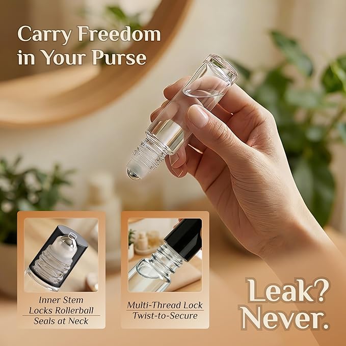 PrettyCare 12 Pack, 10 ml Essential Oil Roller Bottles with Stainless Steel Roller Ball - Refillable Leak-proof Empty Thick Clear Glass Roll on Bottles with Black Caps for Travel, Perfume