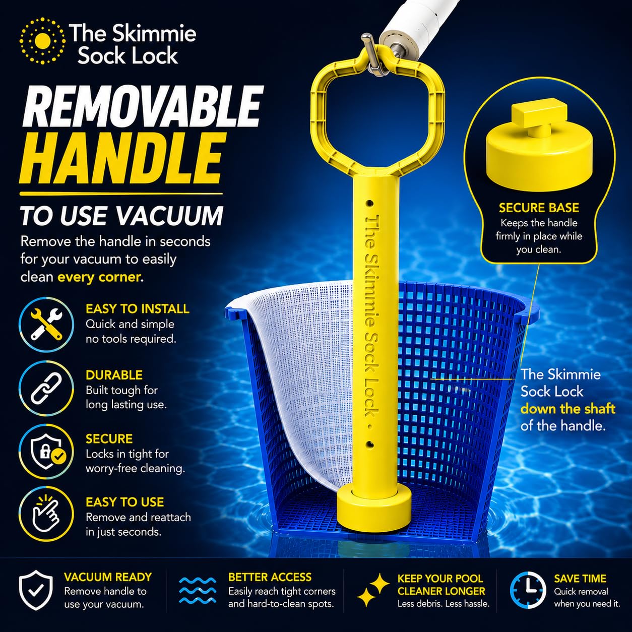 Skimmie Sock Lock - Ultimate Pool Cleaning Convenience: Removable Handle for Skimmer Socks Keeps Debris in, Even When Pump's Off