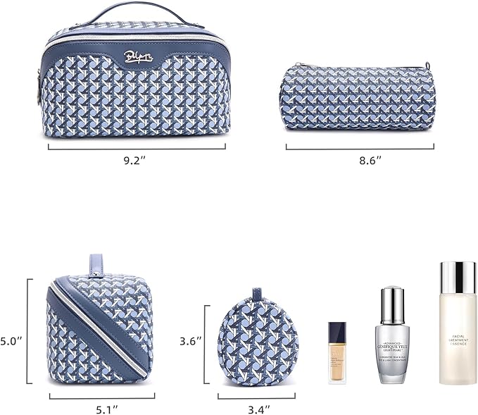 BOYATU Travel Makeup Bag Cosmetic Bags for Women: Large Capacity 3 Pcs Set Make up Bag with Compartments - Waterproof Vegan Leather Toiletry Organizer Bags with Handle (M-77Blue)