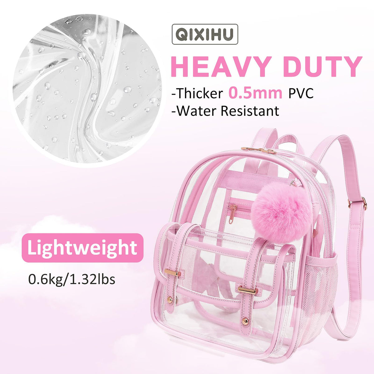 Clear Backpack for Stadium Events, 12x 12x 6 Small Transparent Backpack PVC Mini See Through Bag for Women Girls for Concert Festival, Pink