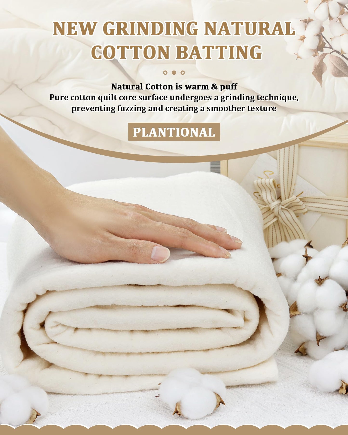 PLANTIONAL Grinding Natural Cotton Quilt Batting: 79-Inch x 91-Inch Light Weight Purely Natural All Season Quilt Batting for Quilts, Craft and Wearable Arts