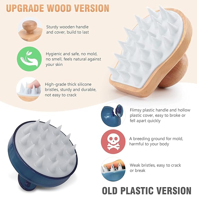 Hangerspace Scalp Massager Shampoo Brush, Wooden Wet and Dry Hair Scalp Care Brush, Shower Brush Scalp Scrubber Exfoliator with Soft Silicone Bristles for Dandruff Removal, Hair Growth (White)
