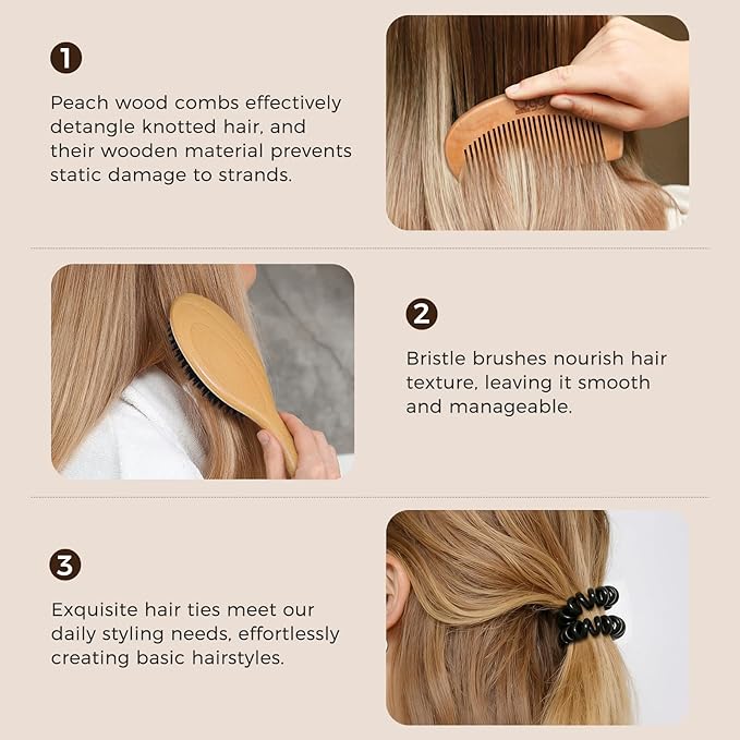 BLACK EGG Boar Bristle Hair Brush for Women Men Kid, Soft Natural Bristles Brush for Thin and Fine Hair, Restore Shine and Texture, Set includes Bamboo comb and 3 hair ties, Valentine’s Day Gift