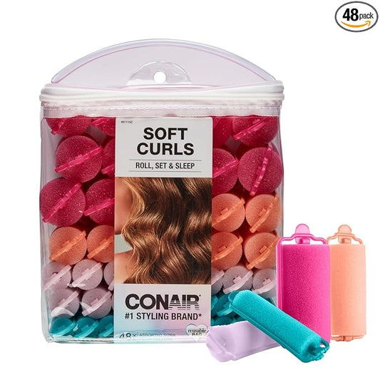 Conair Foam Hair Rollers - 48 Count, Assorted Colors - Heatless Curls, Overnight Curls, Foam Rollers with Storage Case