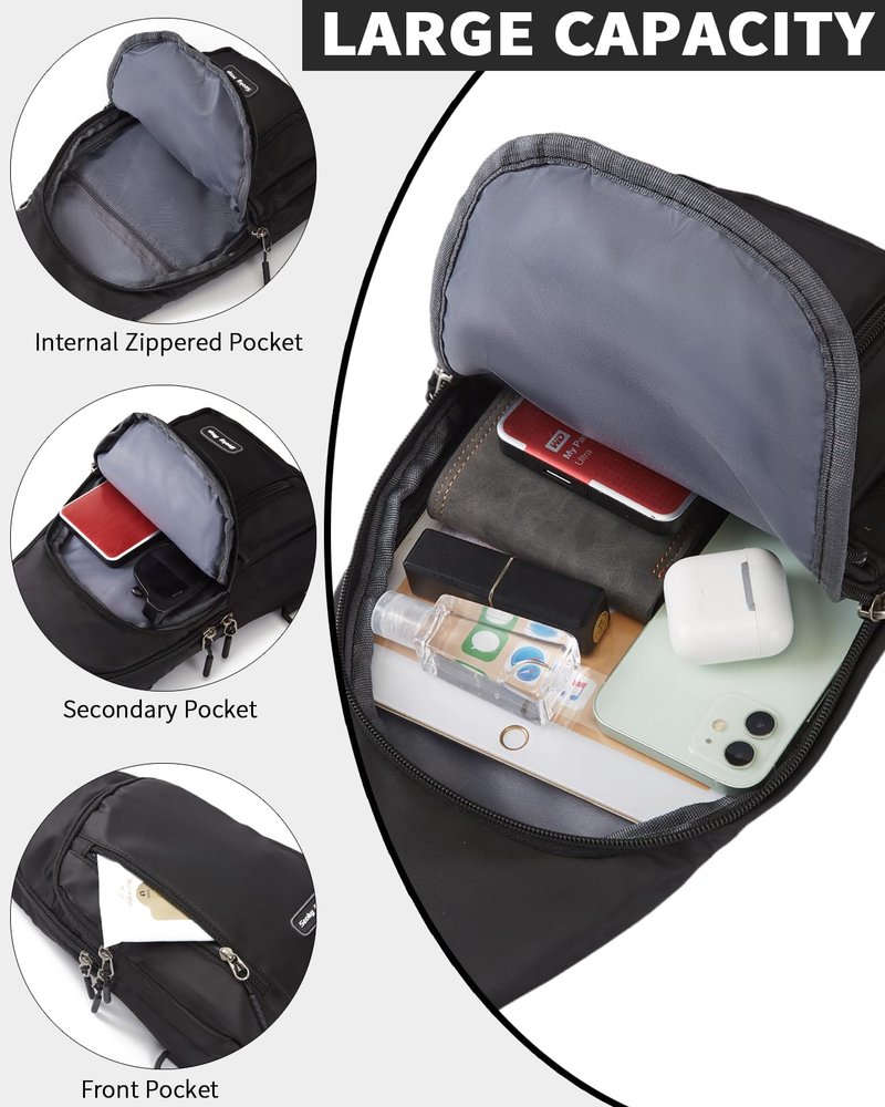 Seoky Rop Small Sling Bag for Men Women Water Resistant Nylon One Strap Shoulder Crossbody Bag for Travel Casual Daily Black