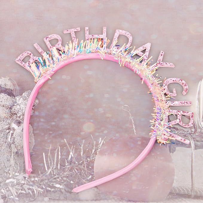 CIEHER Birthday Girl Headband Crown for Women & Girls - Pink Glitter Letter Tiara - One Size Fits All - Birthday Decoration & Gift