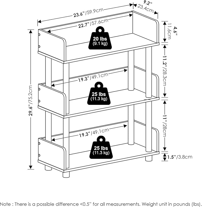 Furinno Turn-N-Tube Display Shelf, 3-Tier Storage Shelves with Side Panels, Open Shelves Book Shelf with Rounded Corner Top Edges, for Organization and Storage, Living Room, Home Office, White