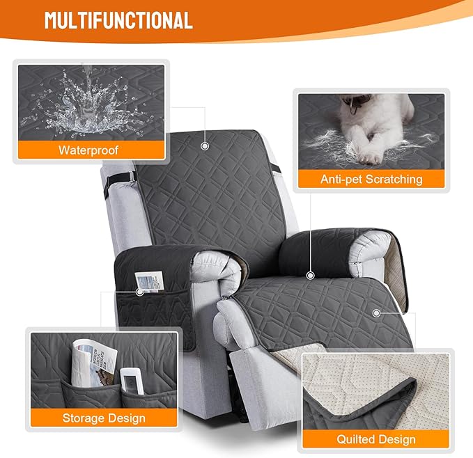 VANSOFY 100% Waterproof Recliner Chair Covers, Recliner Cover Non-Slip Dog Chair Cover Furniture Protector Washable Slipcover with Pocket, Elastic Straps for Pets, Dogs(Charcoal Gray, 28")