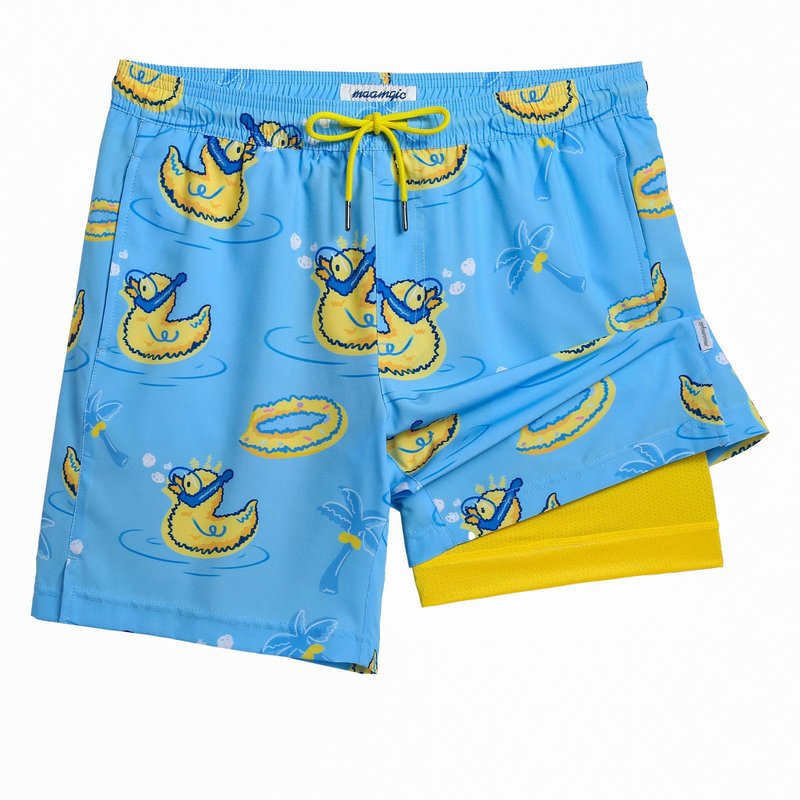 maamgic Mens Swim Trunks with Compression Liner 7 Inch Inseam Mens Bathing Suit Quick Dry Swimming Trunks Swimsuit Swimming Duck Blue and Yellow Medium