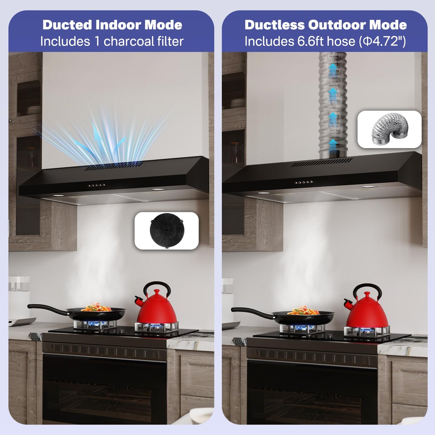 Argyolas 30 Inch Under Cabinet Range Hood, Ductless Oven Hood Vent Convertible to Ducted, Kitchen Stove Extractor with Charcoal Filter and Foil Pipe