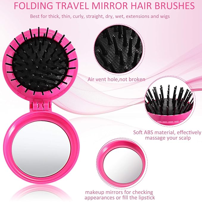 Boao 2 Pack Foldable Travel Mirror Hair Brushes Portable Folding Pocket Hair Brush Mini Comb Compact Travel Size Massage Comb for Men Women(Purple, Rose Red,Round)