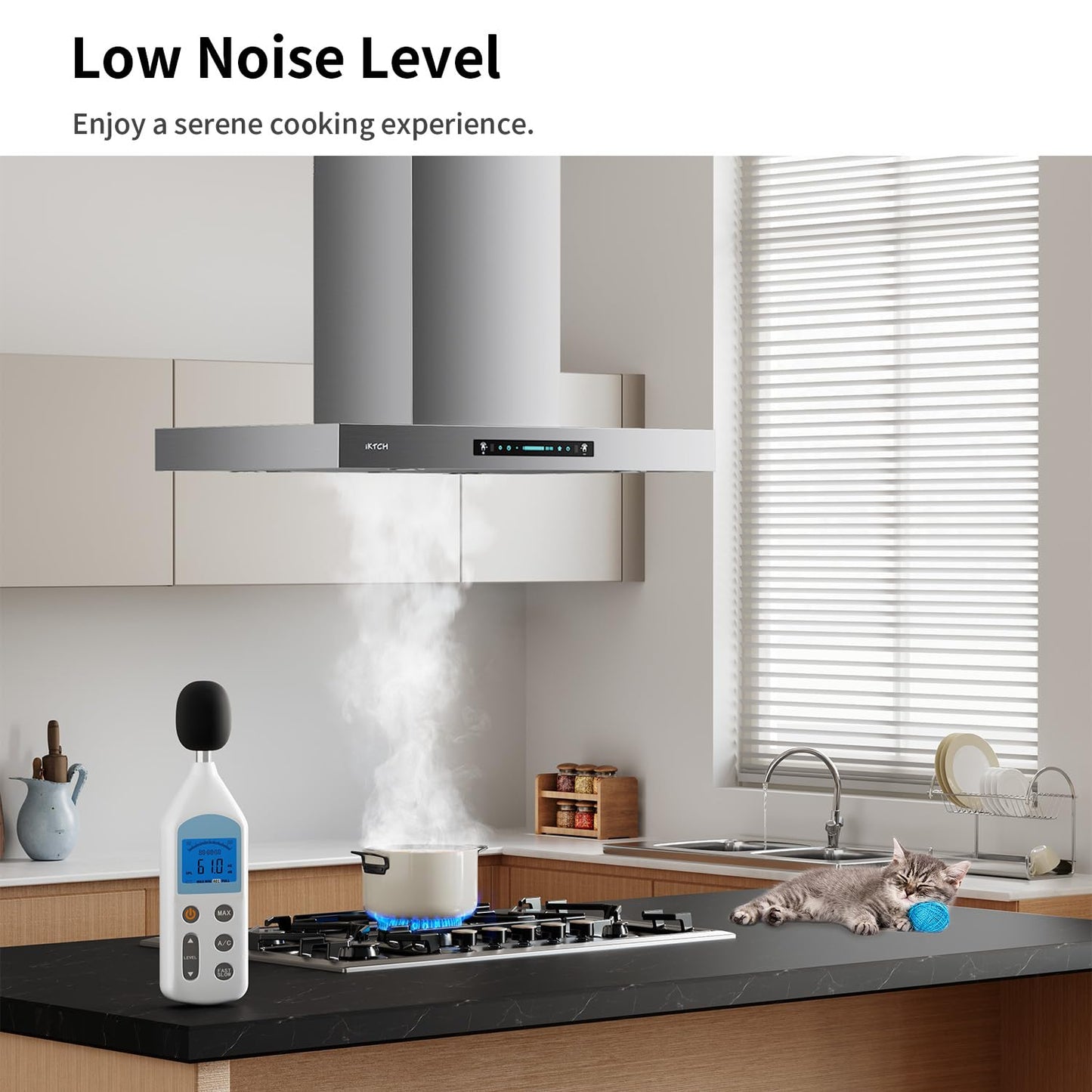 IKTCH Upgrated 36 inch Island Mount Range Hood, 900 CFM Ducted Range Hood with 4 Speed Fan, Stainless Steel with Gesture Sensing & Touch Control Making life Smarter IKIS02-36