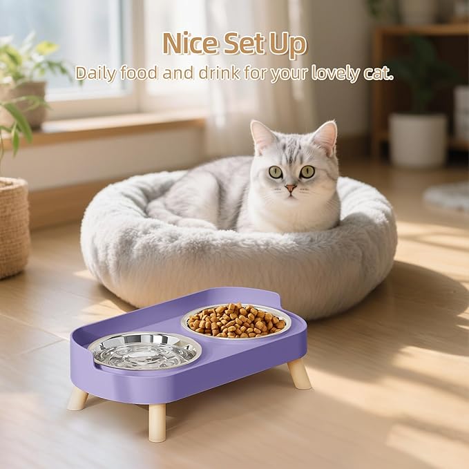 Elevated Cat Bowl, Raised Cat Food and Water Bowl Set for Indoor Cats, Splash Proof with 3 Stainless Steel Pet Food Bowls for Cats and Puppies, Whisker Fatigue and Dishwasher Safe - Purple