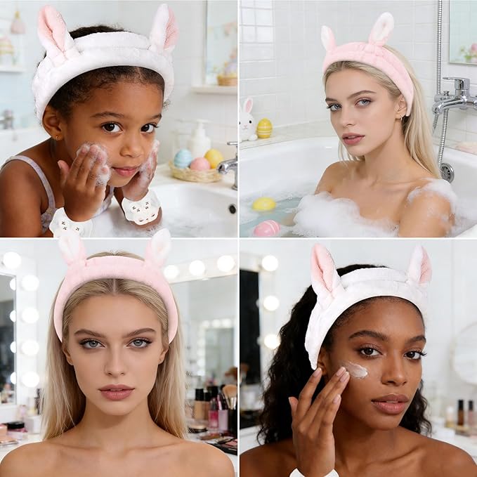 YISSION Cute Bunny Ear Spa Headband & Wristband Set for Women and Girls - Soft Plush Makeup Headband with Embroidered Bunny & Cherry Wrist Towels for Face Washing, Skincare, Easter (White & Pink)