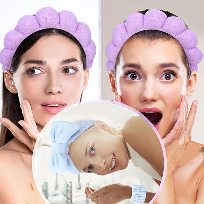 6 Pcs Terry Cloth Headbands and Wristbands - Sponge Makeup Removal, Skincare, Shower