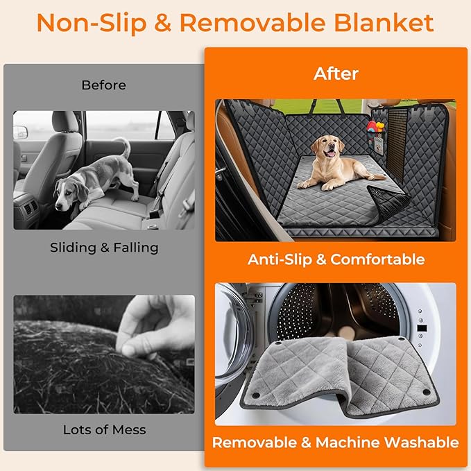 URPOWER Dogs Back Seat Extender with Non-Slip Blanket, 2 in 1 Hard Bottom Dog Car Seat Cover & Removable Dog Car Bed Mat, Waterproof Dogs Hammock for Car and SUV, Pet Rear Seat Protector Holds 400lbs