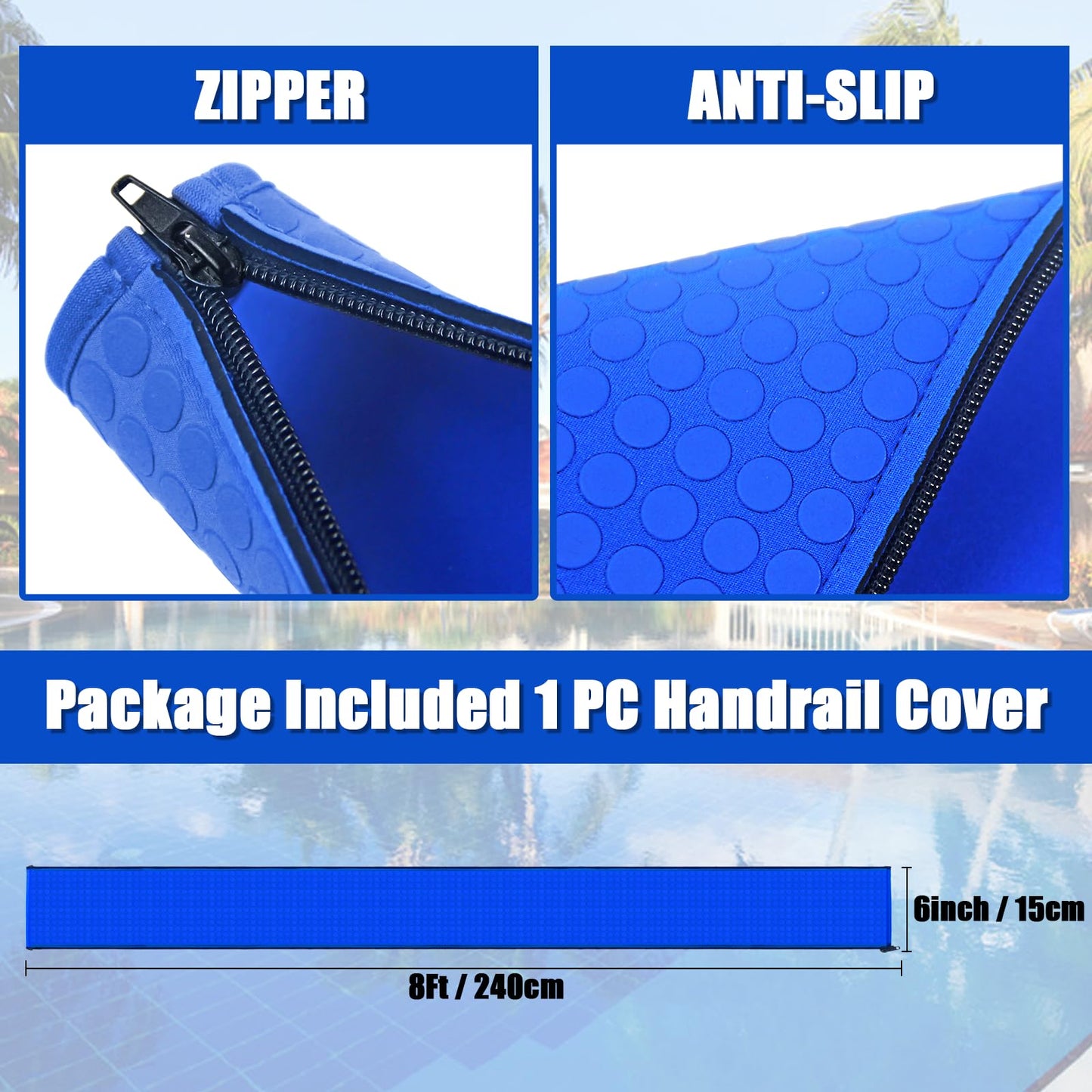 Pool Handrail Covers with Zippers 4 6 8 10 Ft Inground Swimming Pools Hand Rail Cover, Anti-Slip Cool Touch Heat Resistant, Royal Blue, Non Slip Swim Pool Railing Ladder Stair Handle Grip (8 Feet)