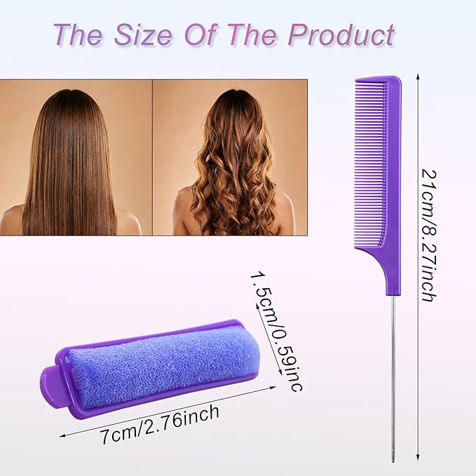 44 Pcs Foam Sponge Hair Rollers Set 0.59 Inch Flexible Hair Styling Sponge Curler Soft Sleeping Hair Curlers and Stainless Steel Rat Tail Comb Pintail for Hairdressing Styling(Purple, Pink)