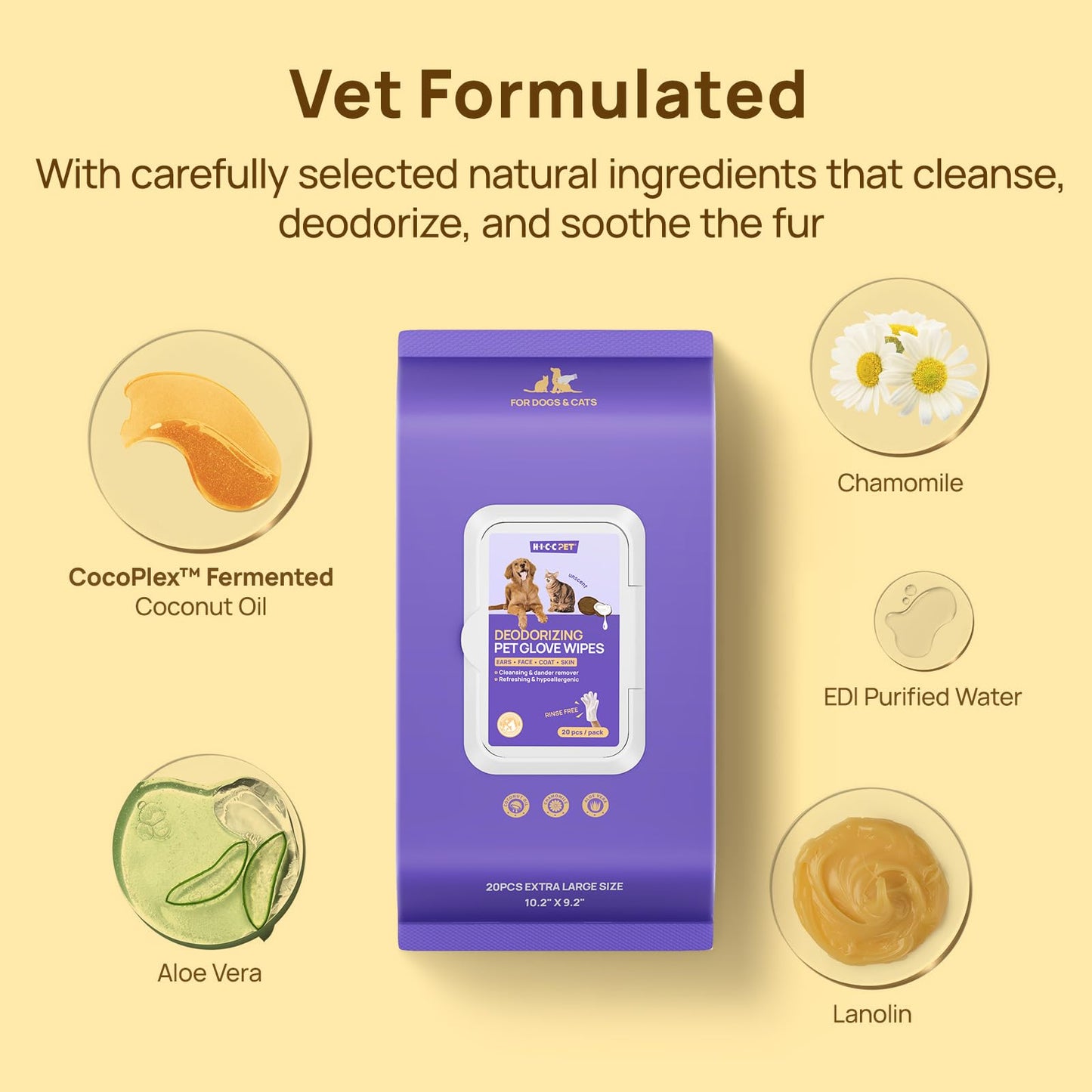 HICC PET Dog Wipes Cleaning Deodorizing Glove Wipes for Dogs, Cats & Horses, Vet Recommended Hypoallergenic Hydrating & Nourishing Pet Wipes for Eyes, Ears, Butt & Paws, No-Rinse, 20pcs Coconut Scent