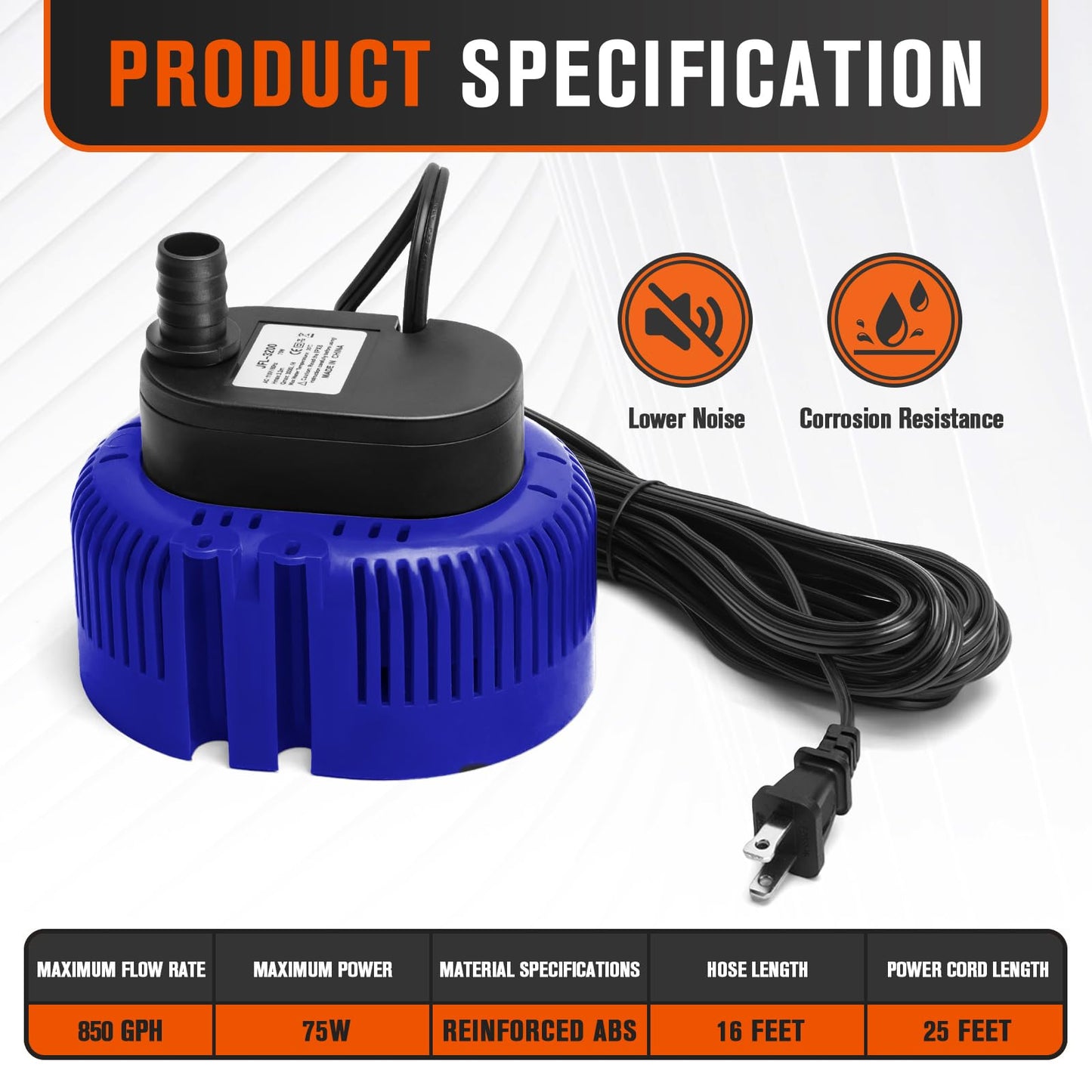 Sump Pump,Pool Cover Pump above Ground,submersible water pump Swimming Water Removal Pumps,for Swimming Pool Basement Garden Pond Tubs Draining,75W,Max Flow:850GPH,3 Adapters,25 Ft Power Cord (Blue)