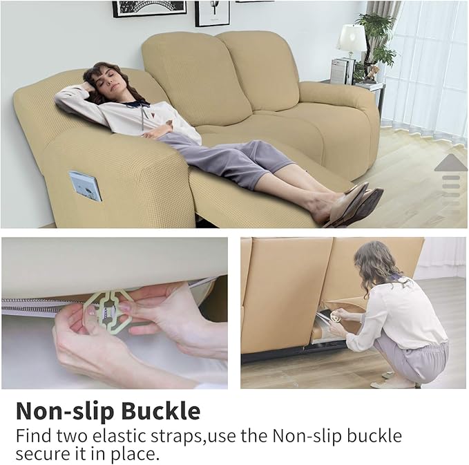 Easy-Going 6 Pieces Recliner Loveseat Stretch Sofa Slipcover Sofa Cover Furniture Protector Couch Soft with Elastic Bottom Kids, Spandex Jacquard Fabric Small Checks Beige