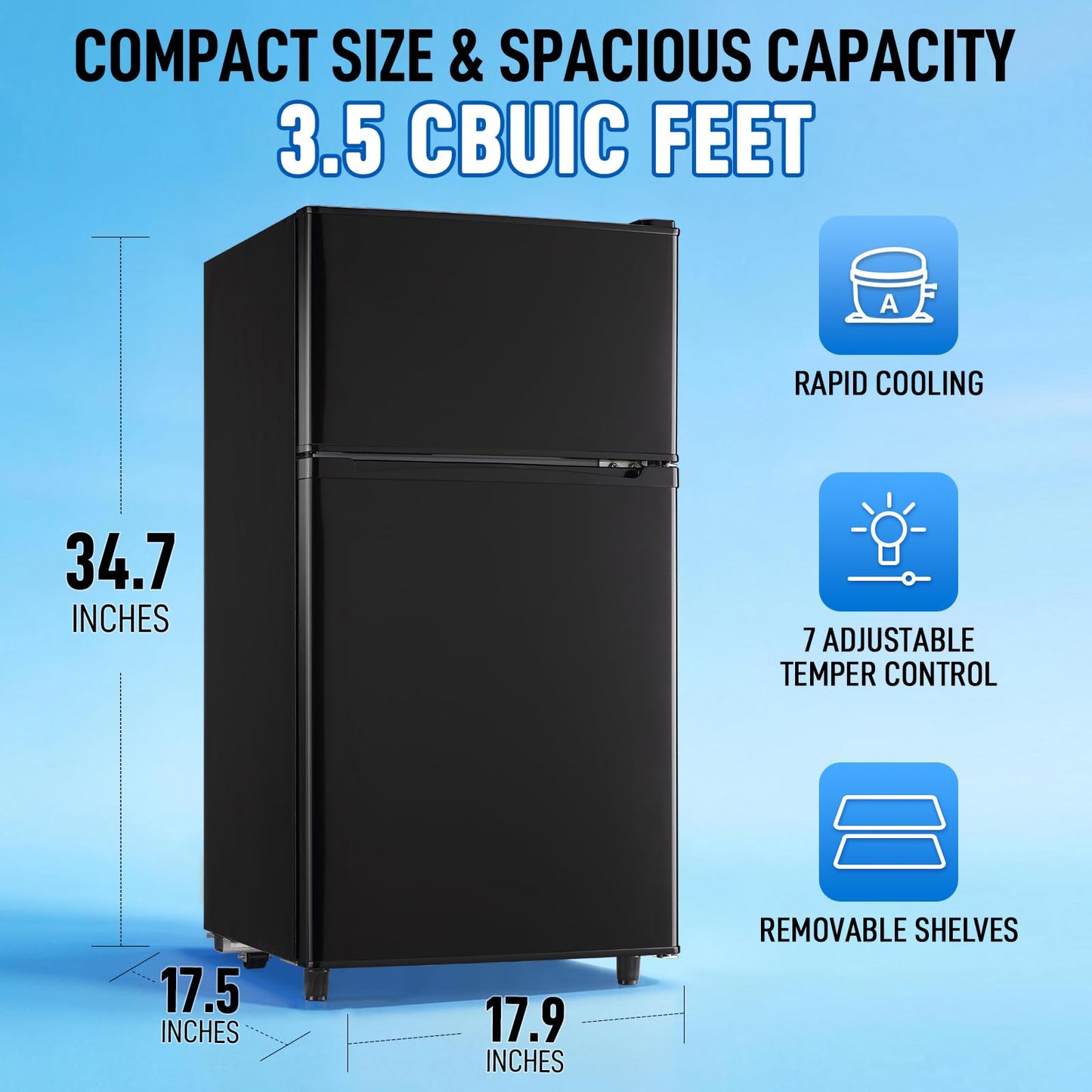 WANAI 3.5 CU.FT 2 Door Mini Fridge with Freezer Freestadning Small Refrigerator Features 7 Gear Mechanical Control, Side Bottle Rack, 2 Glass Removable Shelves, Crisper Drawer Black