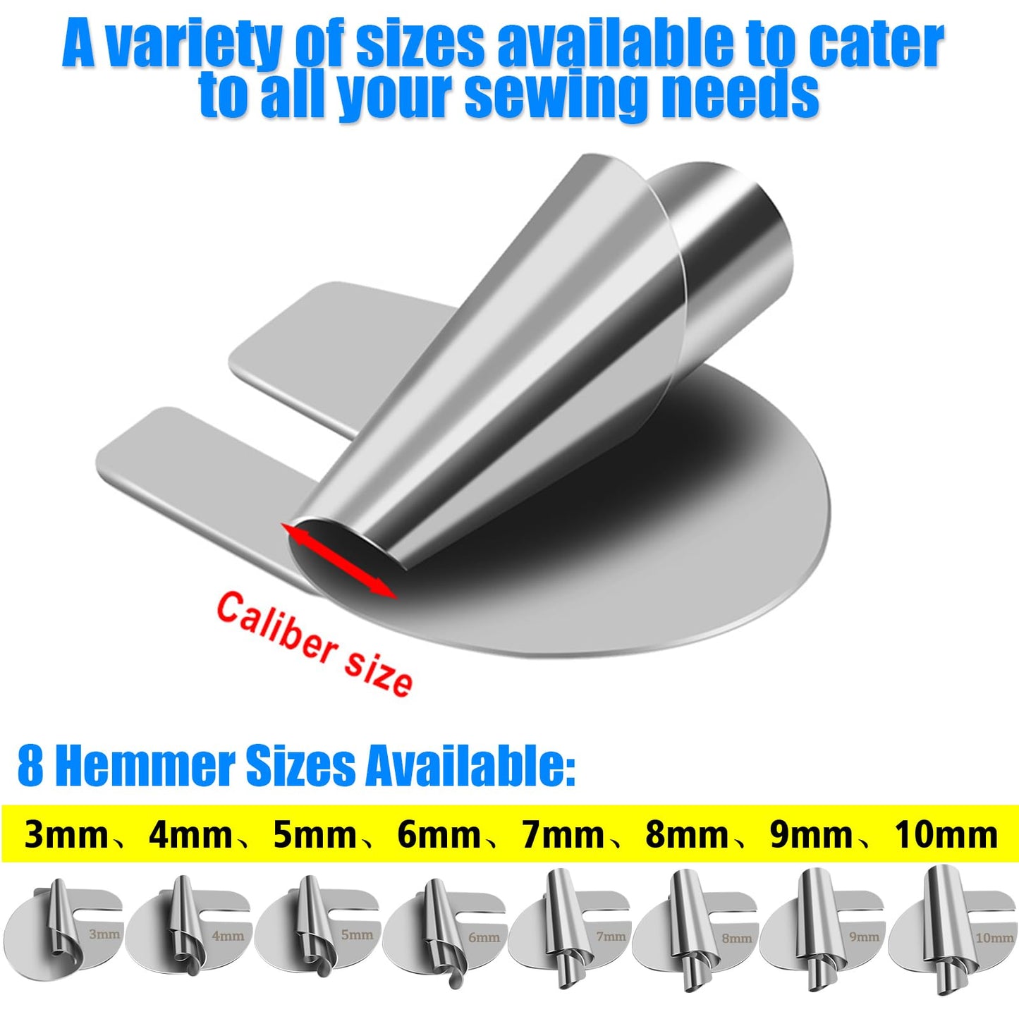 TOOVREN Sewing Rolled Hemmer Foot 8PCS Rolled Hem Presser Foot 3/4/5/6/7/8/9/10mm 8 Sizes Wide Rolling Hem Foot Sewing Machine Presser Feet Hemmer Home Industrial Curved Scroll Hemming Feet