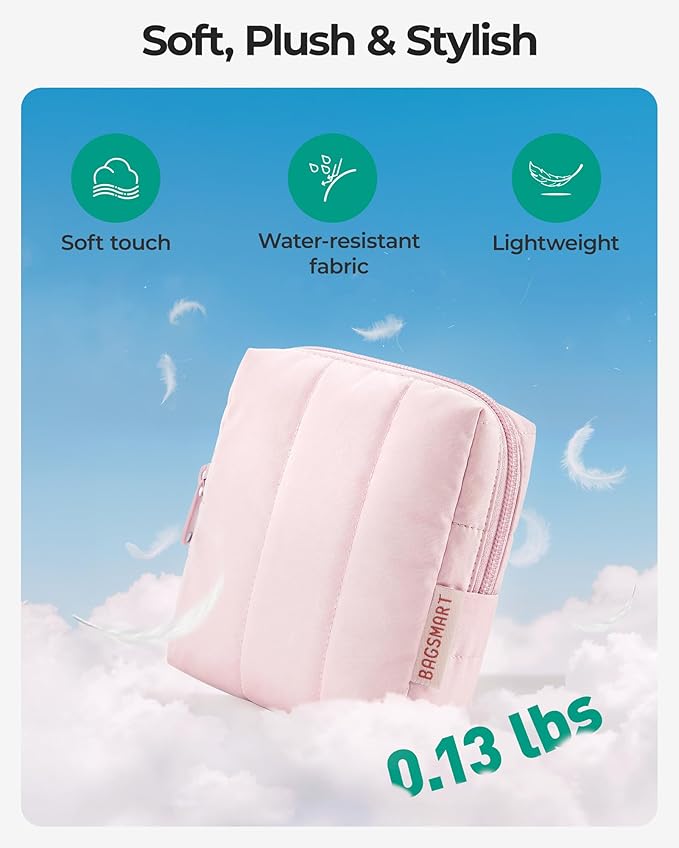 BAGSMART Small Travel Makeup Bag for Purse Toiletry Pouch, Puffy Padded Mini Cosmetics Bag, Cute Make Up Pouch for Women with Slip-in Pocket, Travel Essentials for Toiletries, Baby Pink