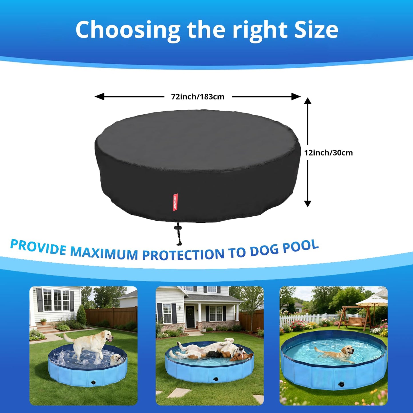 QH.HOME[2026 Upgrade 500D Thickened] 71-72 inch Kiddie Pool Cover Round, Collapsible Dog Pool Cover with Super Windproof Dual-Drawstring, Odorless Waterproof Fabric Material - Only Cover