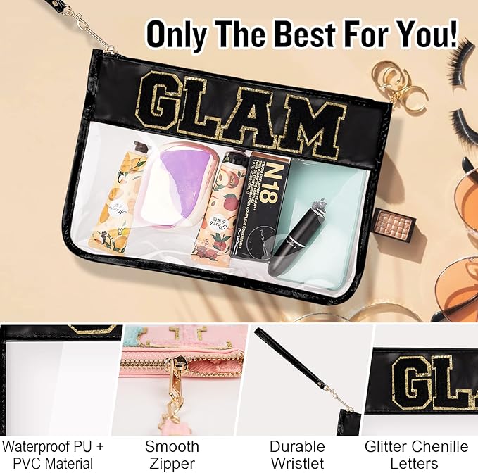 Izuzt Chenille Letter Clear Bag Glam Purse Pouch, Monogram PVC & PU Clear Zipper Pouch with Wristlet, Waterproof Portable Glitter Snacks Makeup Beach Toiletry Bag for Women Girls (GLAM-Black)