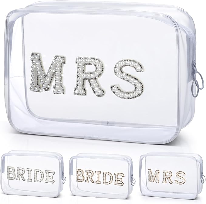 Etercycle MRS Clear Cosmetic Bag, Bachelorette Gifts for Bride Makeup Bag, Portable PVC Travel Toiletry Bag Bling Pearl Rhinestone Patch Letter Bags for Engagement Bachelorette Party Wedding (Silver)