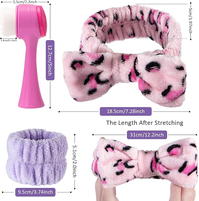 Facial Cleansing Brush 2 in 1, Silicone Face Scrubber Dual Face Brush for Deep Pore Cleansing and Exfoliating, Skincare Headband and Wristbands Set for Washing Face Massaging Spa Makeup,Purple