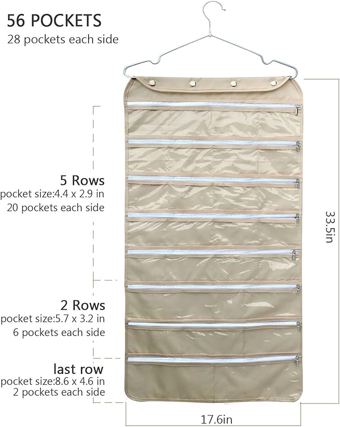 BB Brotrade Hanging Jewelry Organizer,Accessories Organizer,56 Zipper Pocket Organizer for Holding Jewelries (Beige-Zipper)