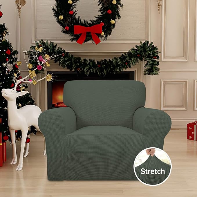 Easy-Going Stretch Chair Sofa Slipcover 1-Piece Couch Sofa Cover Furniture Protector Soft with Elastic Bottom for Kids, Pet. Spandex Jacquard Fabric Small Checks (Chair, Olive Green)