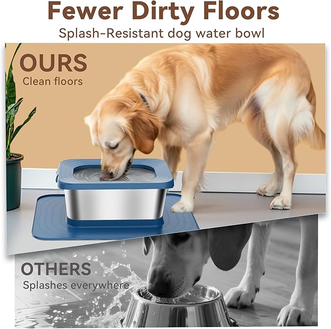 10L No Spill Dog Water Bowl, 2.6 Gal Stainless Steel No Splash Large Dog Water Bowl with Non-Slip Silicone Mat, Spill Proof Slow Drinking Pet Bowls for Messy Drinkers Indoor/Outdoor Use Blue