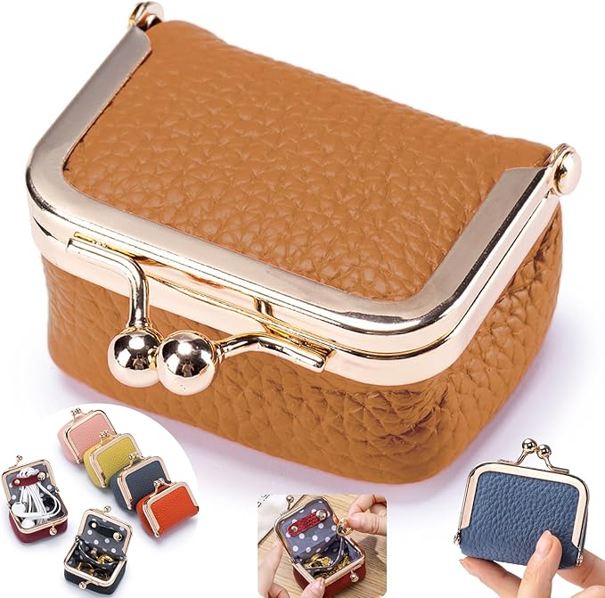 Genuine Leather mini Jewelry box, Portable Travel Jewelry case - Vintage mini Organizer with Kiss Lock for Rings, Earrings, Necklace, Bracelet | Gift for Women (Caramel S 2.56in)