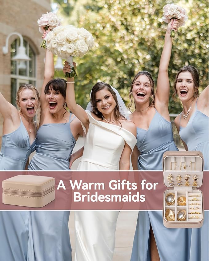 VLANDO Bridesmaid Proposal Gifts - Travel Jewelry Case, Small Travel Jewelry Organizer Box for Girls Women - Toffee