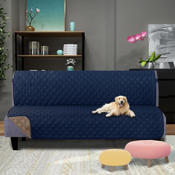 U-NICE HOME Futon Sofa Covers Reversible Sofa Slipcover Armless Cover Furniture Protector Couch Cover Water Resistant (Futon, Navy/Taupe)