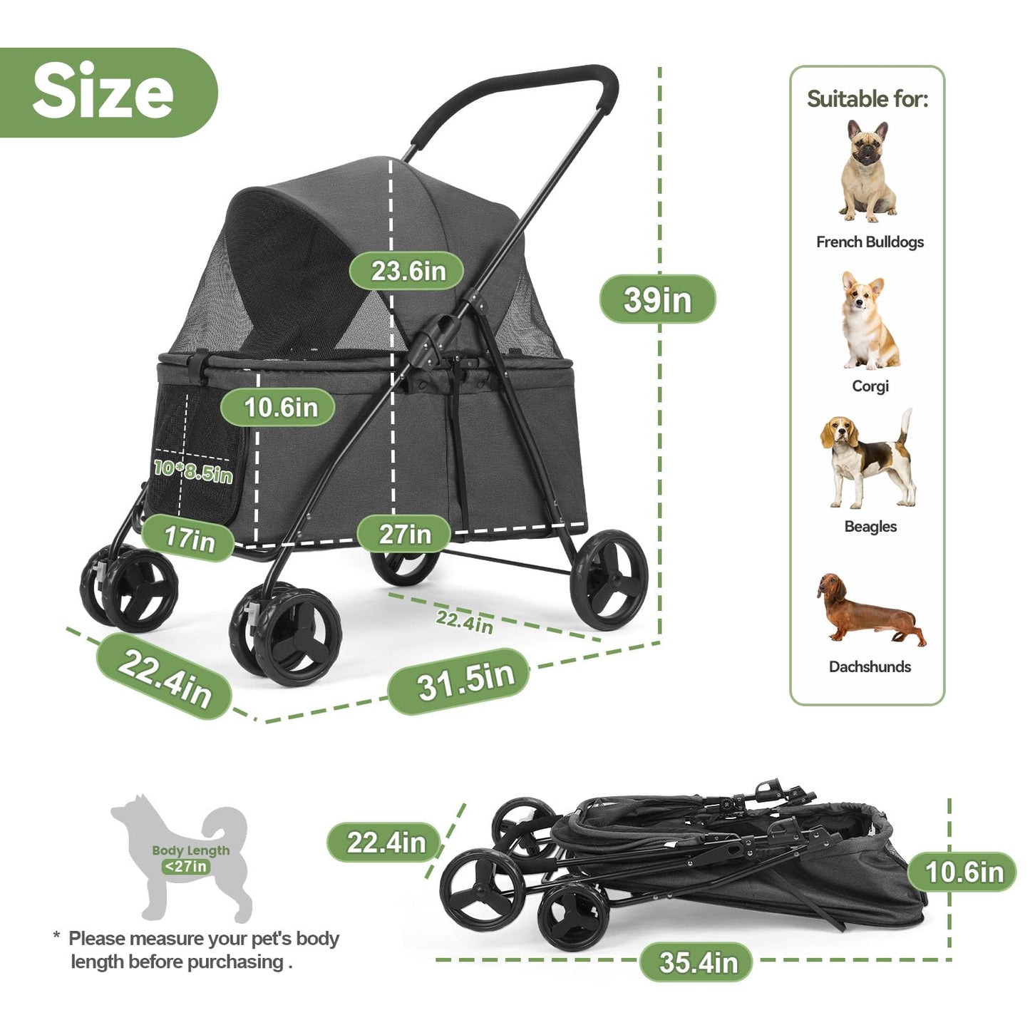20% Larger Capacity, Wedyvko Dog Stroller for Medium/Small Pets w/Dog Poop Bags & Dispenser, Storage Pouch, Zipperless, Entry in/Out Easy (Black)