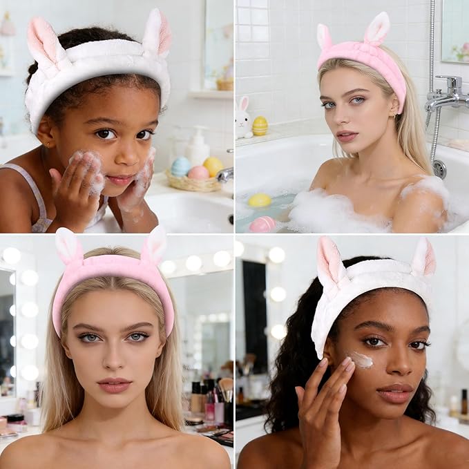 YISSION Cute Bunny Ear Spa Headband for Women and Girls - Soft Plush Makeup Headband for Face Washing, Skincare, Shower, Easter Party Favors (2 Pack, White & Pink)