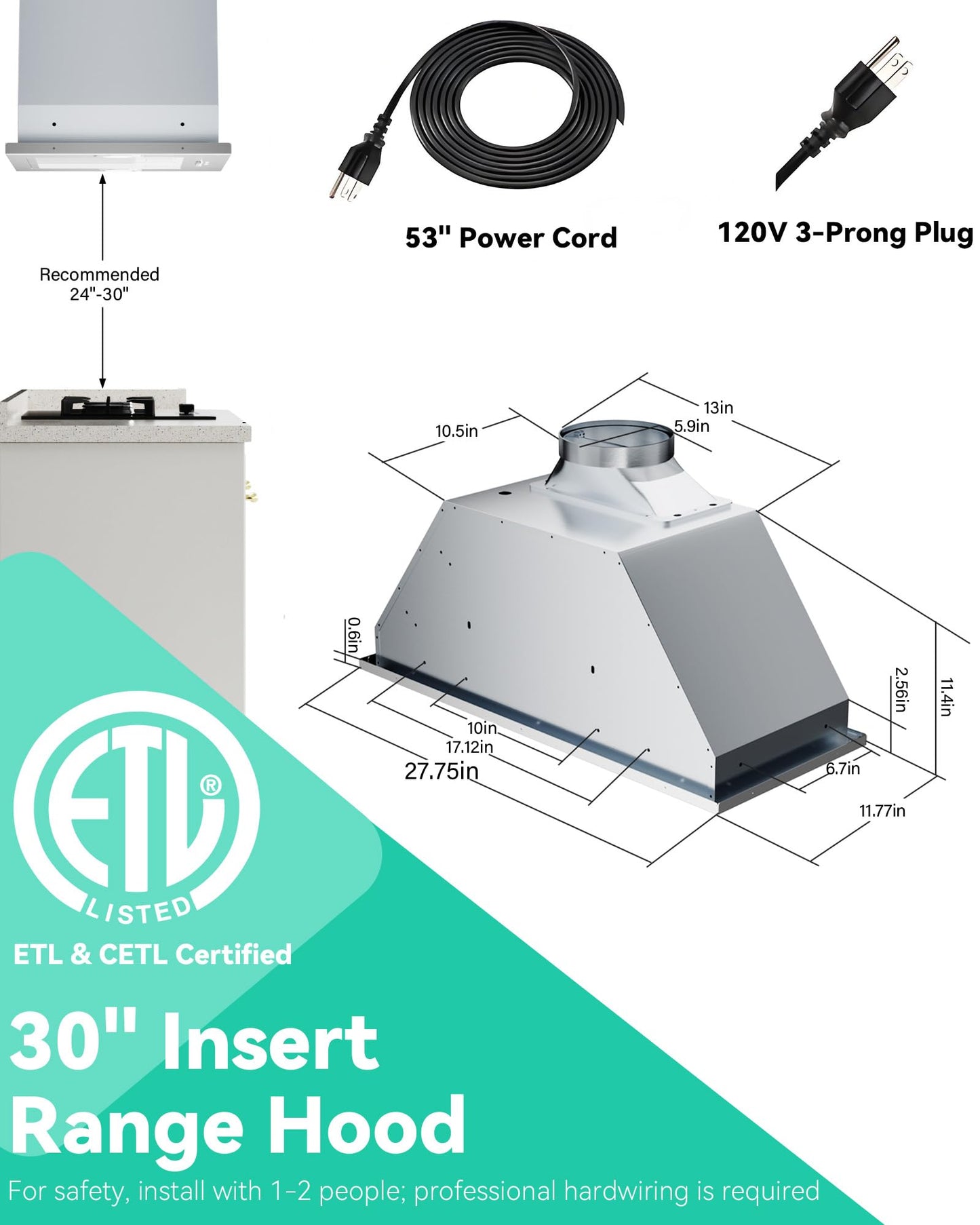 FlyPine 30 inch Stainless Steel Insert Range Hood - 900 CFM, Gesture Control, Ultra-Quiet 4-Speed Vent, LED Lights, Ducted/Ductless Convertible