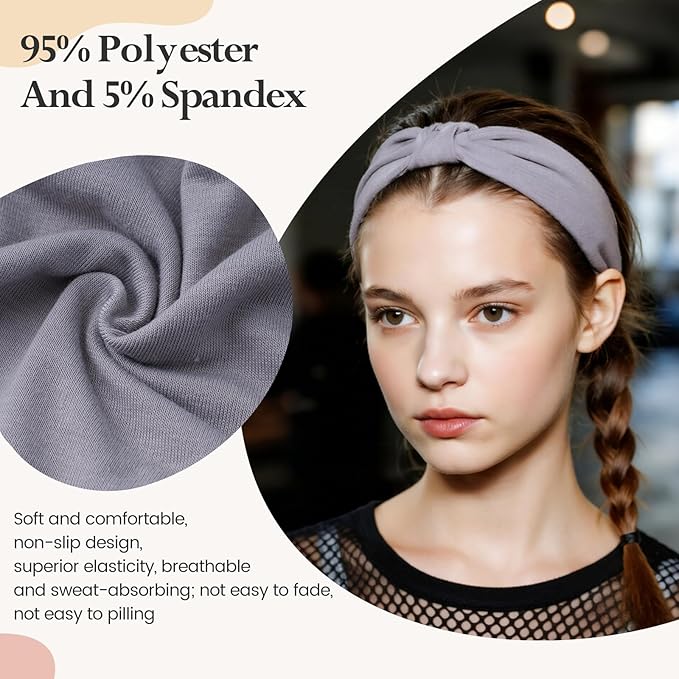 Headbands for Women, Wide Elastic Head Bands, Non-Slip Thick Hair Bands, Sports Stretchy Sweat Bands, Large Knotted Soft Headband for Washing Face, Makeup, Workout, Spa, Two Black/White/Gray